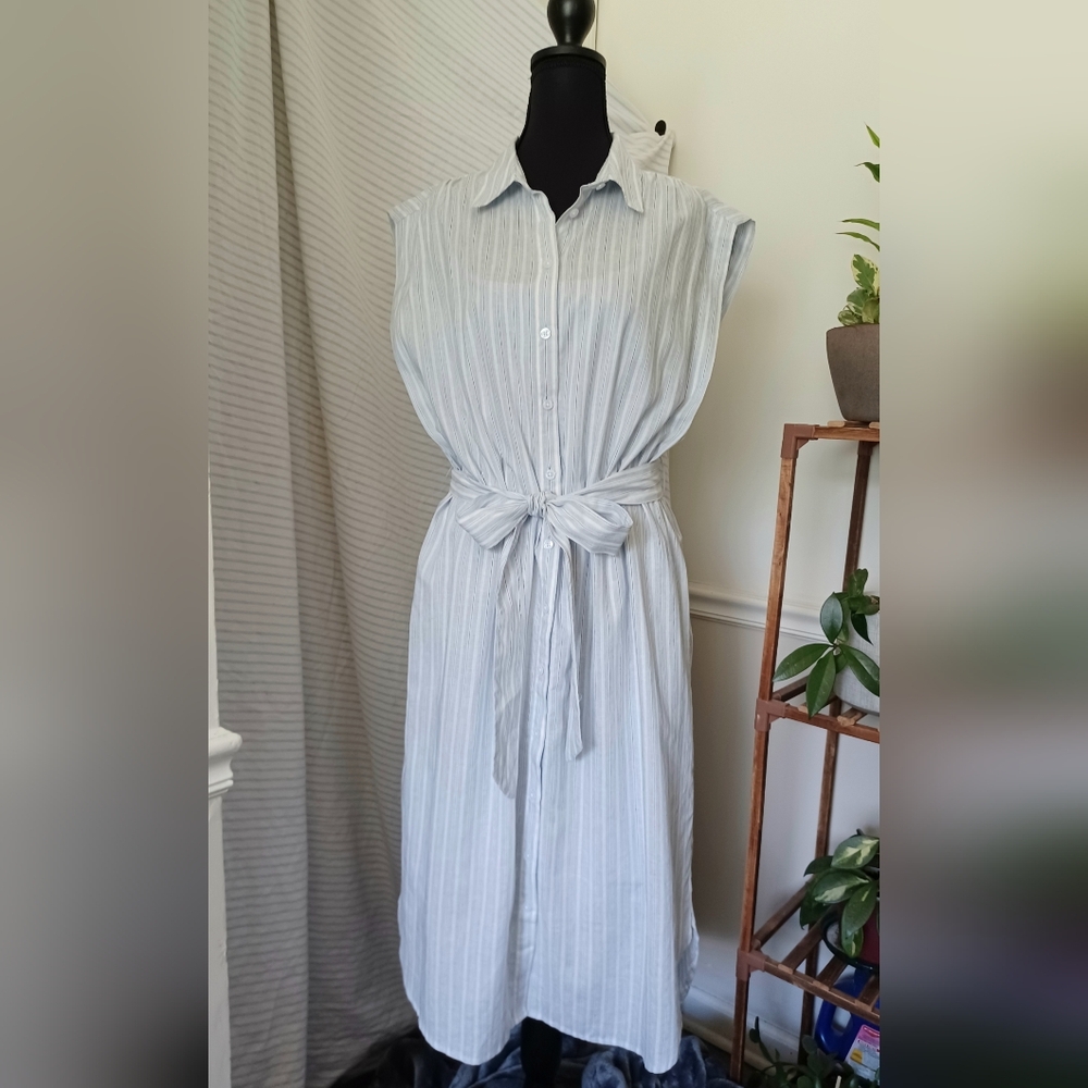 NWT Banana Republic Drapey Midi Shirtdress Size Medium In Light Blue Stripes